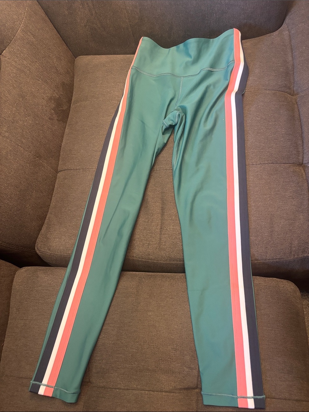 Athleta Teal Leggings with Coral, White & Navy Side Stripes